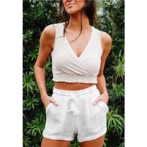 Ocean Drive Women's Crop Top Sz L Terry Surplice Boho Beach Surfer Resortwear